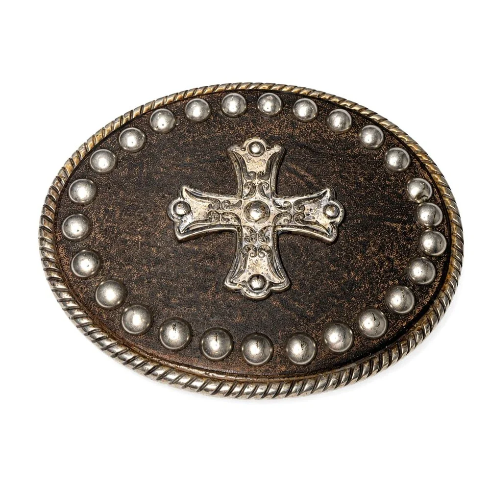 Western Cross Leather Belt Buckle Studded Engraved Oval Made In Spain 2.7 in